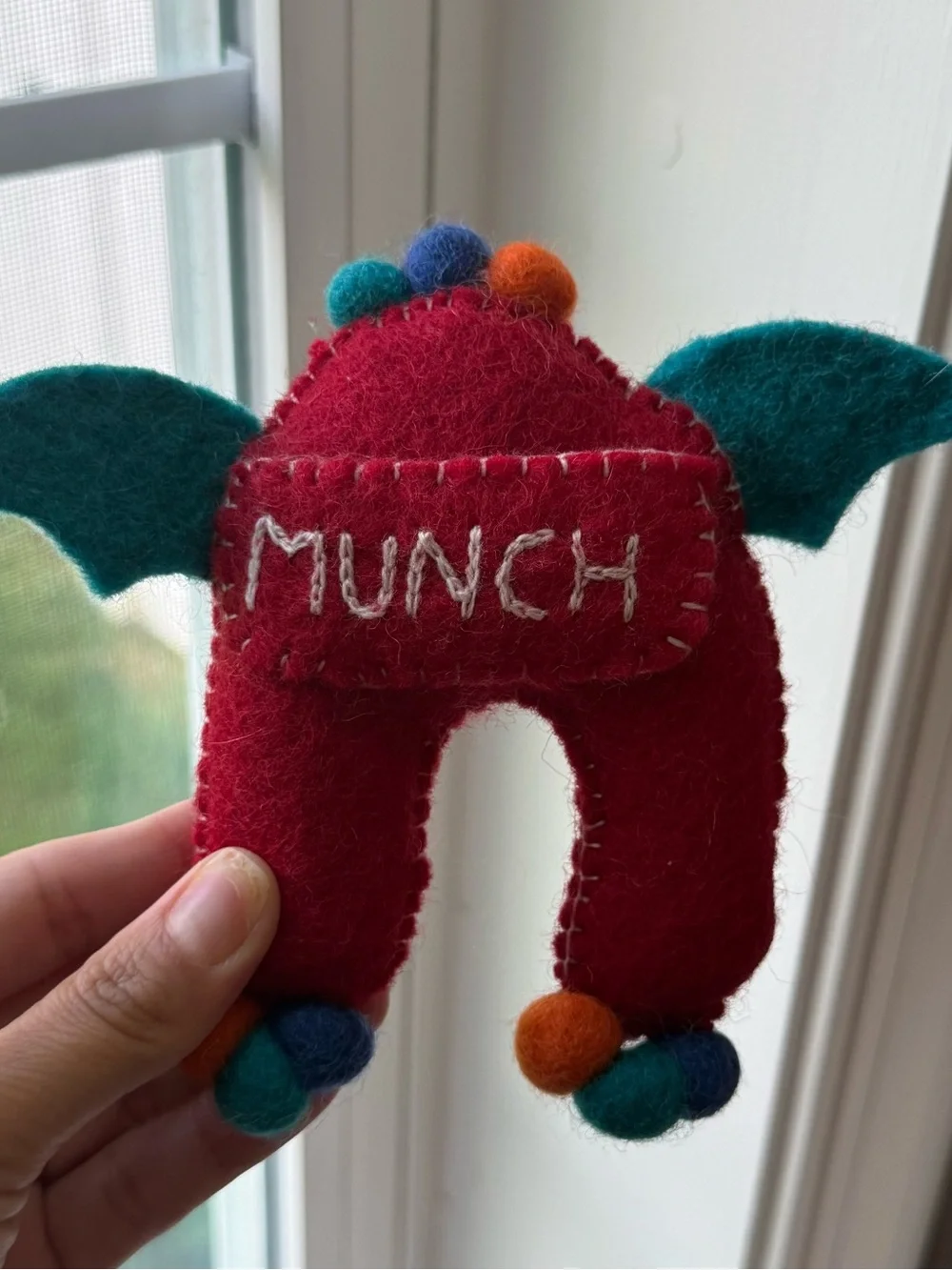 Handmade MUNCH Monster Tooth Fairy Pillow Red Plush with Wings
